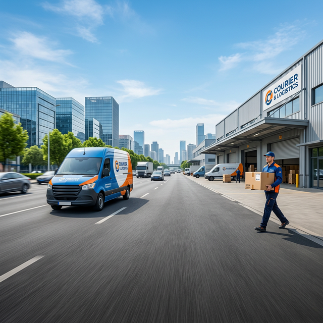 Courier delivery van and logistics warehouse